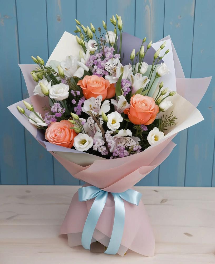 Букет цветов из: Лизиантусы, Розы, Альстромерии и Гипсофила в Змиёвке