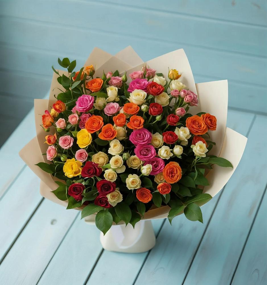 Букет Микс из разноцветных кустовых роз в Змиёвке
