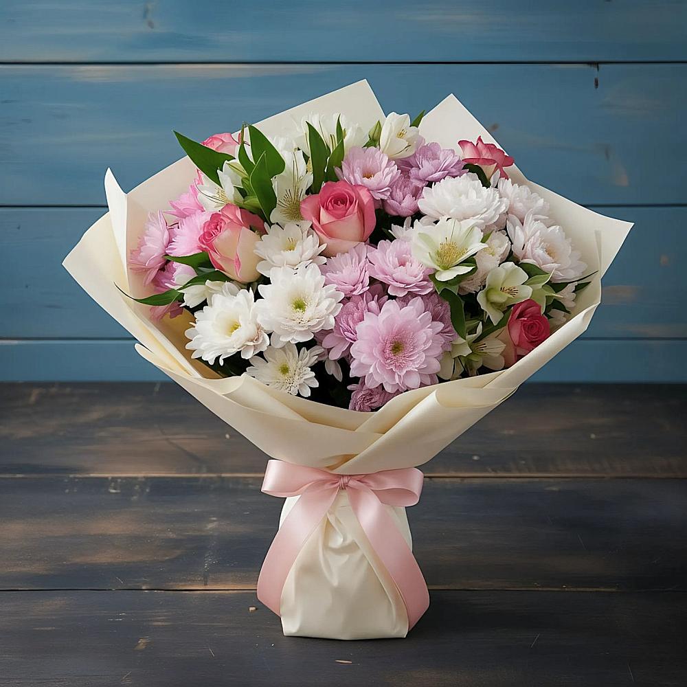 Букет цветов из: Хризантемы, Альстромерии и Розы в Змиёвке